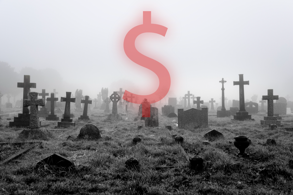 black and white graveyard with dollar sign